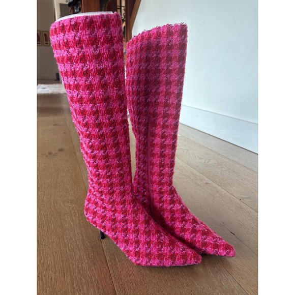 Betsey Johnson Shoes - Betsey Johnson Maxxine Pink Houndstooth Tweed Tall Kitten Heel Boots Size 8M
